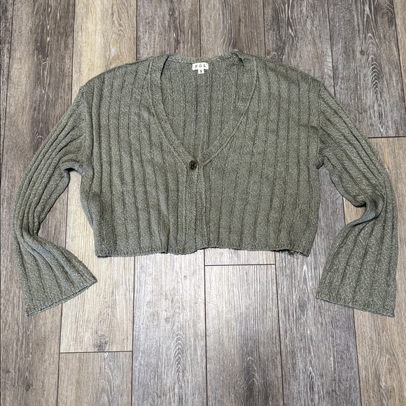 POL lightOlive Ribbed Cropped Crew Neck Sweater - Picture 2 of 4
